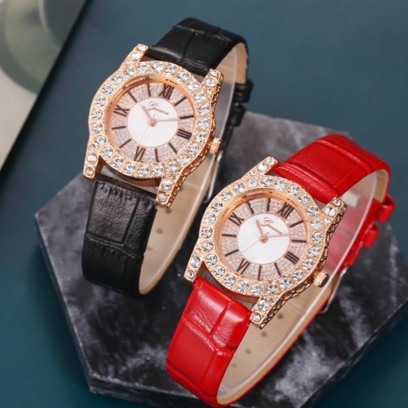 Đồng Hồ Nữ Geneva Đính Đá Dây Da Mặt Tròn Thời Trang - Đồng hồ nữ dây da cao cấp - Bảo hành 6 tháng
