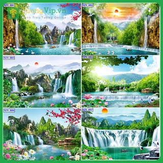 Tranh dán tường - tranh dán tường 3d phòng khách sơn thủy hữu tình - phong cảnh thác nước