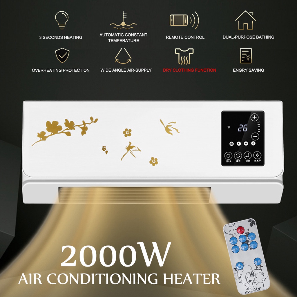 Máy sưởi tường 2in1 2000w máy điều hòa không khí quạt sưởi cho gia đình phòng mùa đông phòng tắm quần áo điều khiển từ xa khô điều hòa không khí