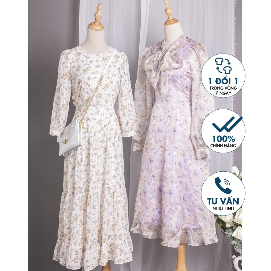 Đầm xòe cổ tim , cổ thắt nơ, tay bồng EMPSO DL4017