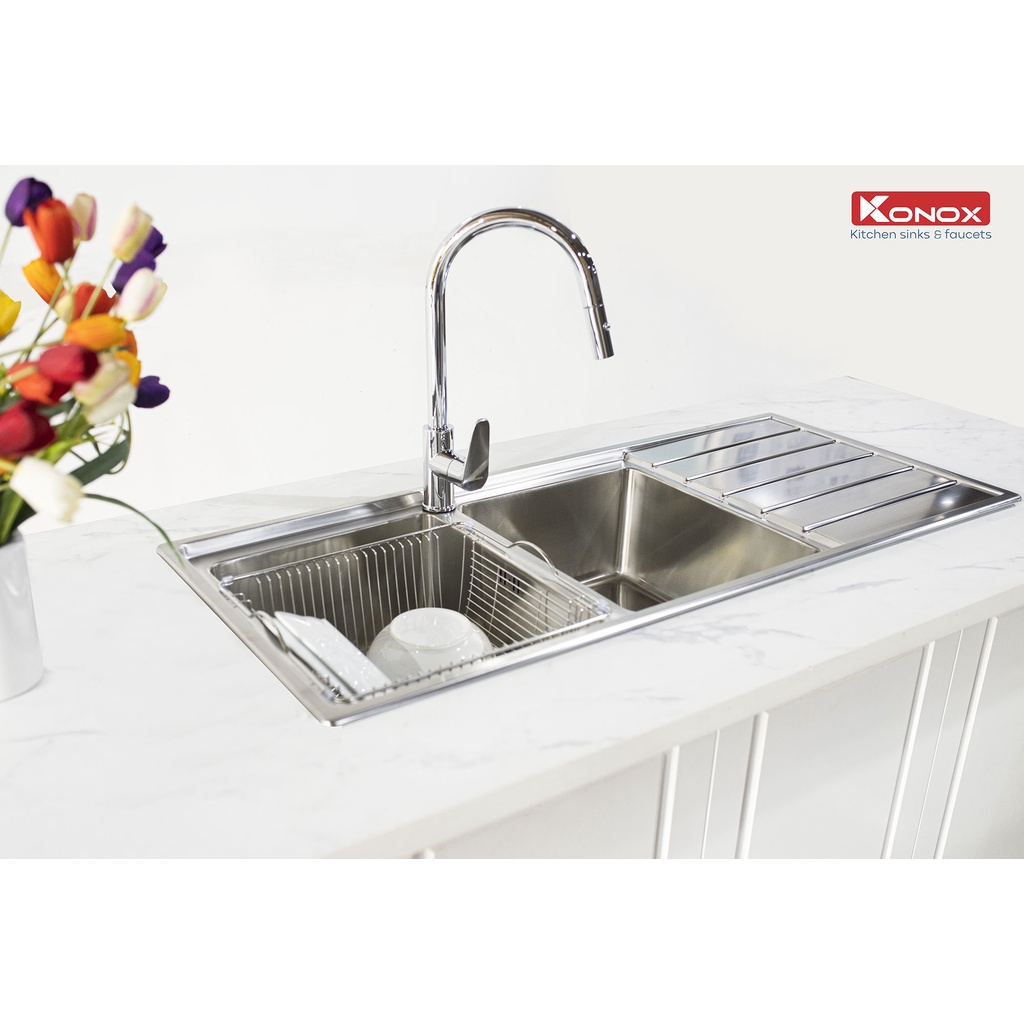 Chậu rửa bát có bàn chờ KONOX European Premium KS11650 2B inox 304AISI, full set gồm Siphon+Giá úp bát inox