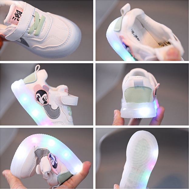 SUGE Giày Thể Thao Đế Mềm Chống Trượt Có Đèn LED Họa Tiết Chuột Mickey Phong Cách Hàn Quốc Thời Trang Cho Bé