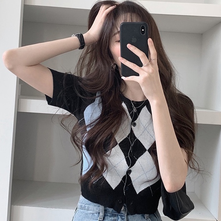 Áo cardigan ZHELIHANGFEI cổ tròn ngắn tay chất dệt kim cài nút họa tiết hình thoi dành cho nữ