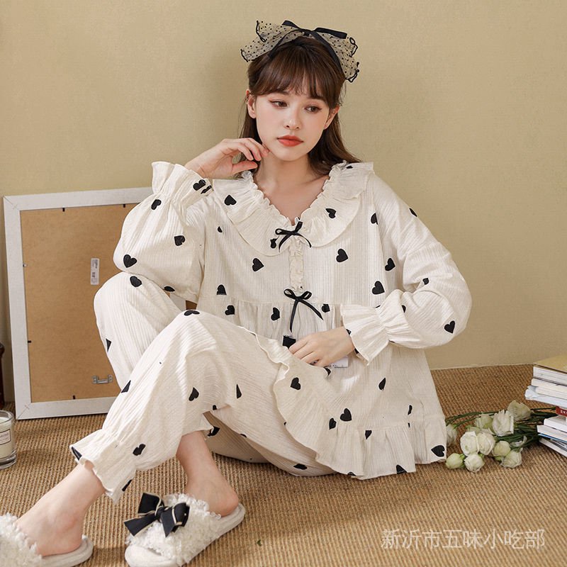Bộ Đồ Ngủ Chất Cotton Tay Dài In Họa Tiết Dễ Thương Thời Trang Thu Đông Cho Nữ