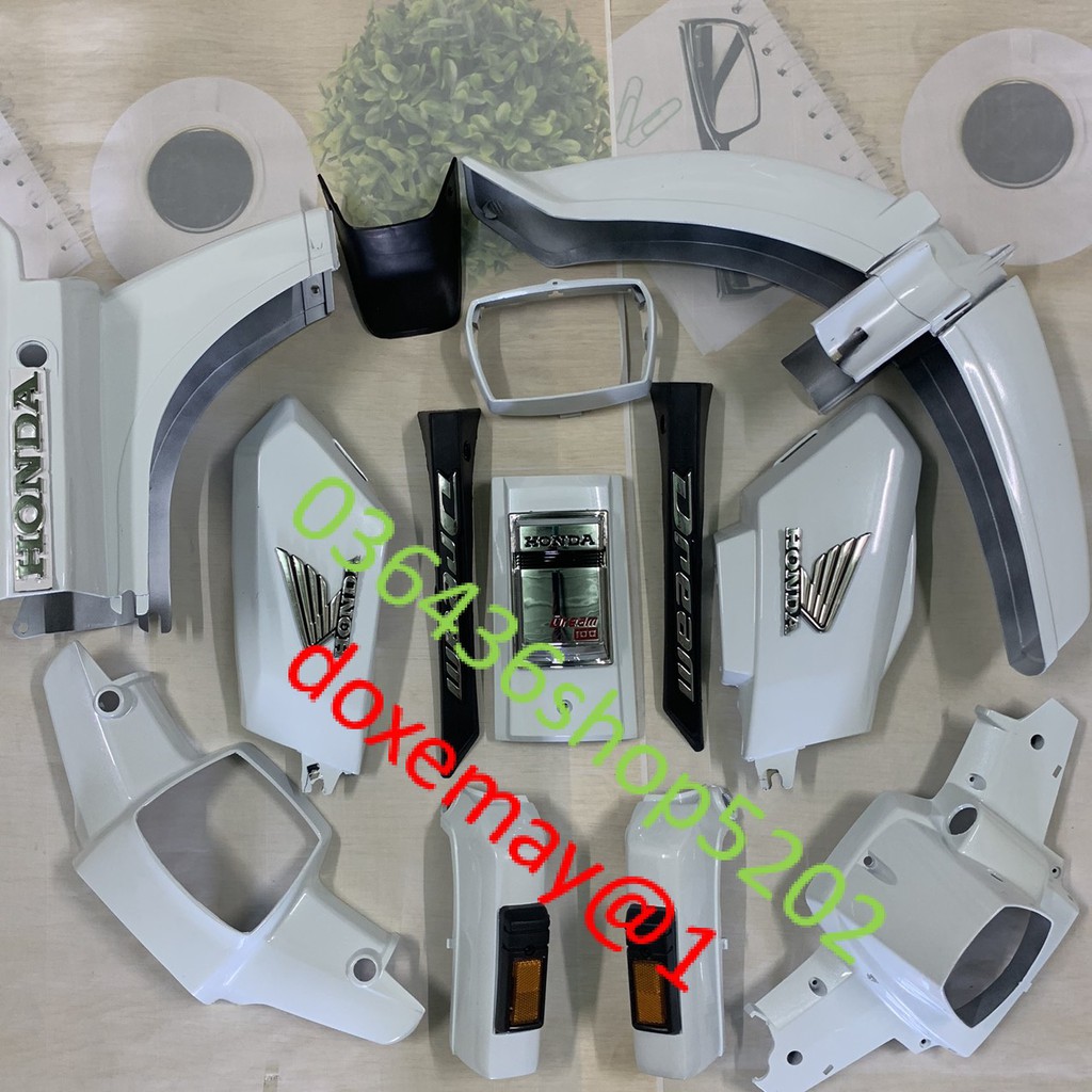 Bộ dàn áo xe dream ll  màu TRẮNG / Full vỏ nhựa xe dream 2 cao 100 TẶNG TEM NỔI-dream trung quốc -mủ trắng ABS