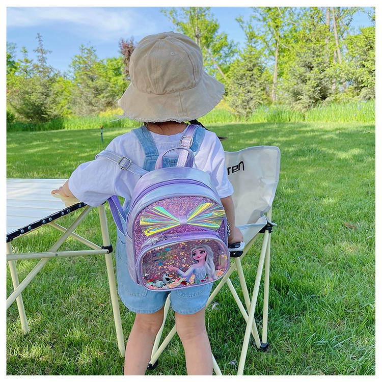 Ba lô mini trong suốt đính kim sa lấp lánh họa tiết công chúa Elsa Disney chống thấm nước mềm mại thoáng khí cho bé gái