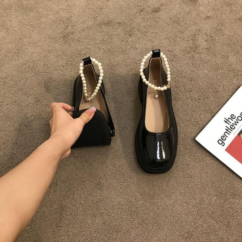 Giày Da Cao Gót Mũi Vuông Đế Dày Đính Hạt Ngọc Trai Phong Cách Anh Quốc Cổ Điển Thời Trang Cho Nữ 2021