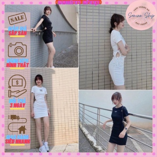 Váy body thêu SAMINN chất cotton dầy, co dãn tốt, 2 màu Đen, Trắng, hình thêu, khoe eo SS276