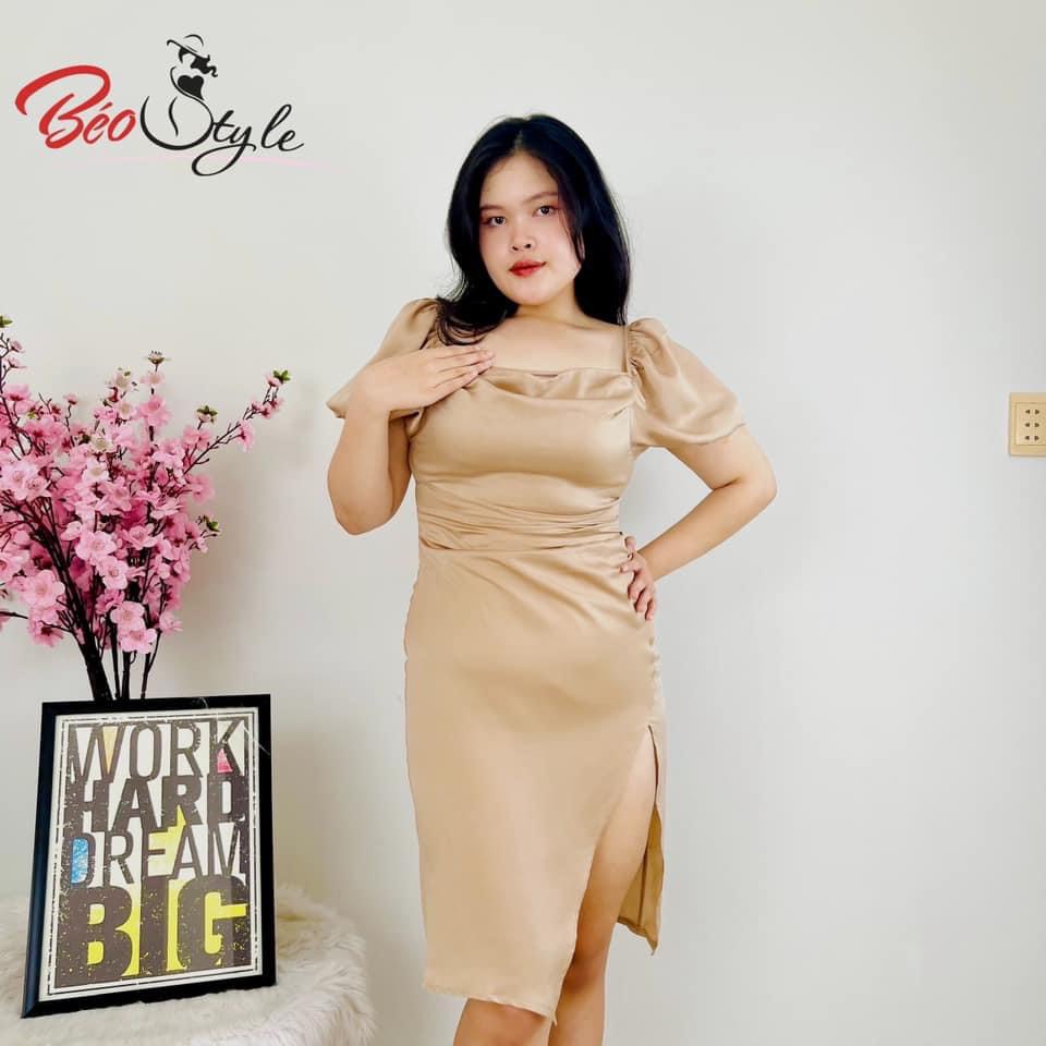 Đầm lụa dự tiệc BIGSIZE cổ đổ DABS045, xẻ tà, tay phồng sang trọng dành cho các nàng mũm mĩm từ 45-85kg