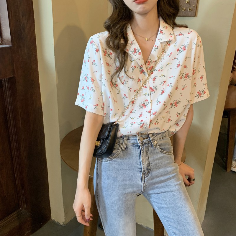 SUXI Áo Sơ Mi Ngắn Tay Dáng Ôm In Hoa Xinh Xắn Phong Cách Hàn Quốc