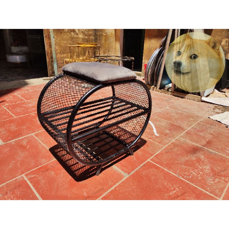 Ghế ngồi đi giày 2 tầng hiện đại dáng lưới sắt tròn, băng ghế đẩu kiêm kệ để giày, trang trí phòng khách