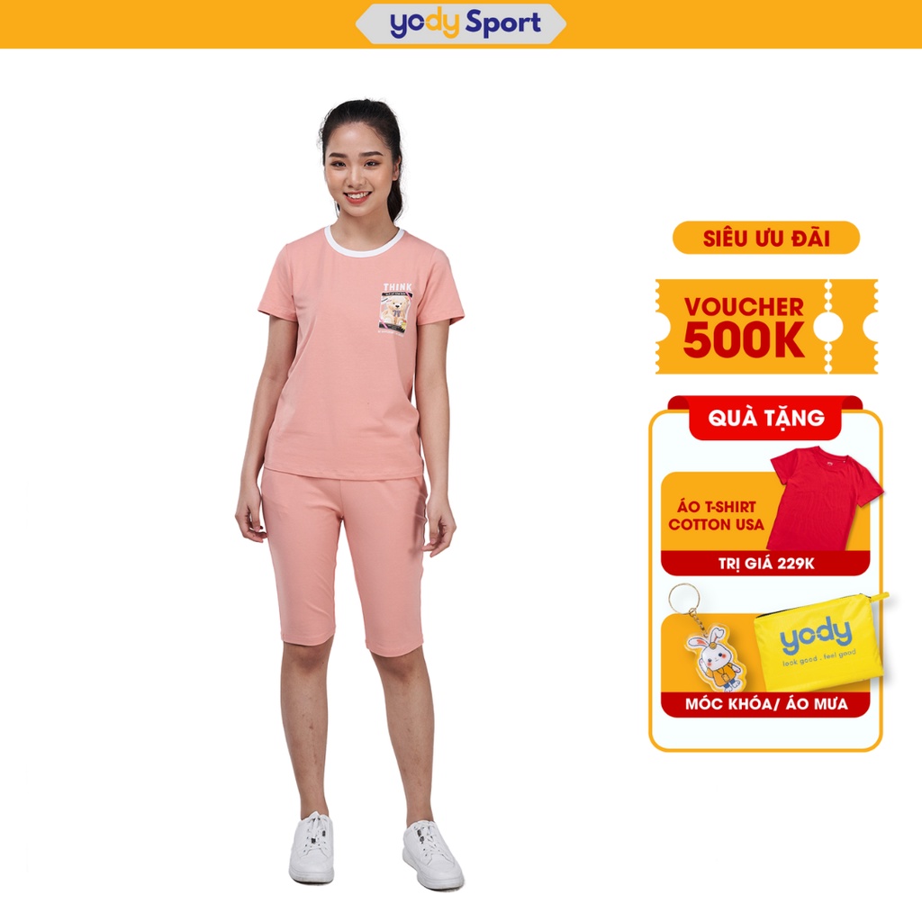 Bộ đồ Yody nữ áo phông in hình quần lỡ đến gối chất liệu cotton co giãn tốt mềm mại BDN5136