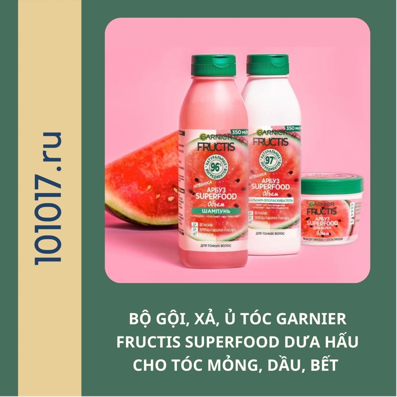 Bộ dầu gội xả ủ tóc DƯA HẤU giảm bết, làm phồng tóc GARNIER Fructis Volumising Watermelon Shampoo
