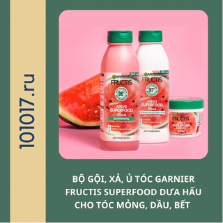 Bộ dầu gội xả ủ tóc DƯA HẤU giảm bết, làm phồng tóc GARNIER Fructis Volumising Watermelon Shampoo For Fine Hair