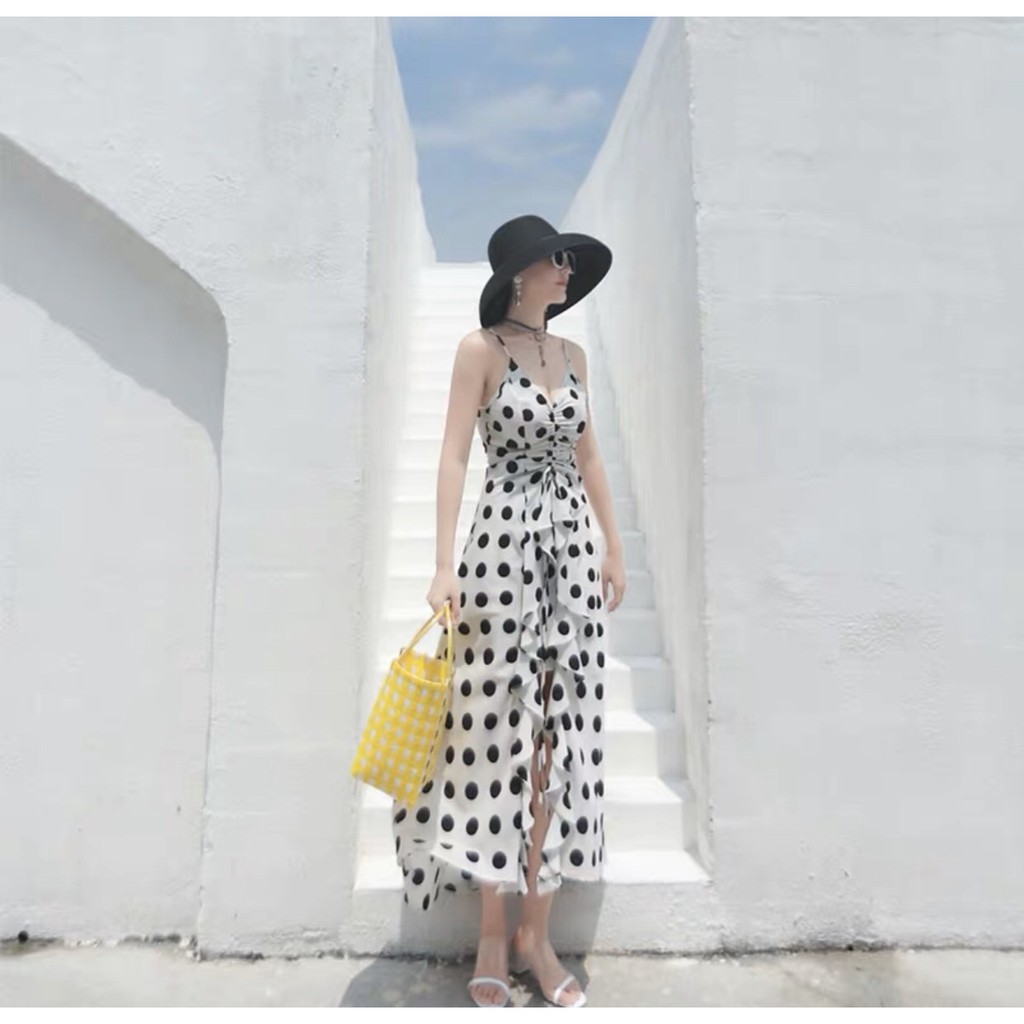 Đầm Xòe Maxi Hai Dây Chấm Bi Rút Ngực Phối Bèo - DM014 | BigBuy360 - bigbuy360.vn