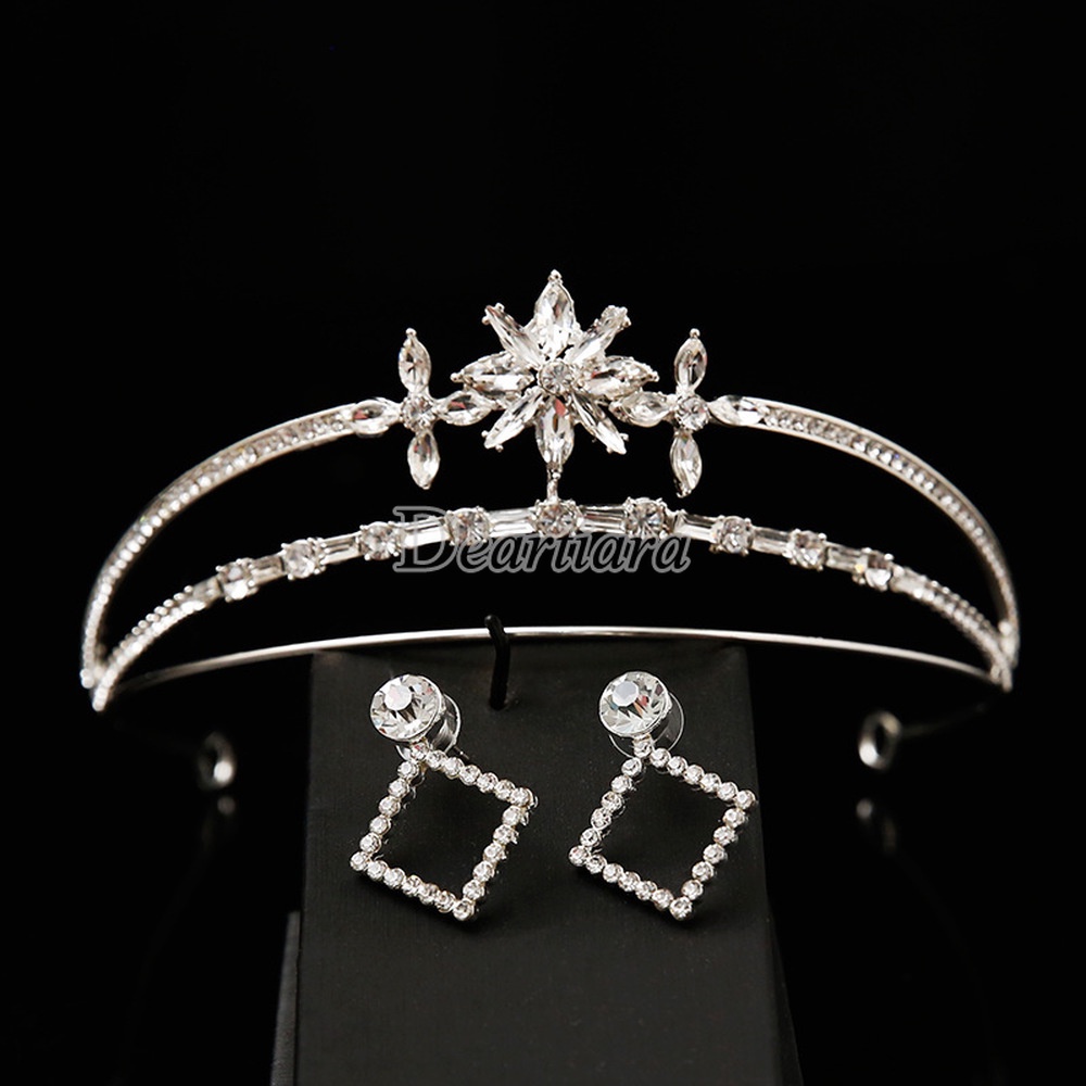 Bộ vương miện và khuyên tai đính đá thiết kế đơn giản thời trang dành cho cô dâu