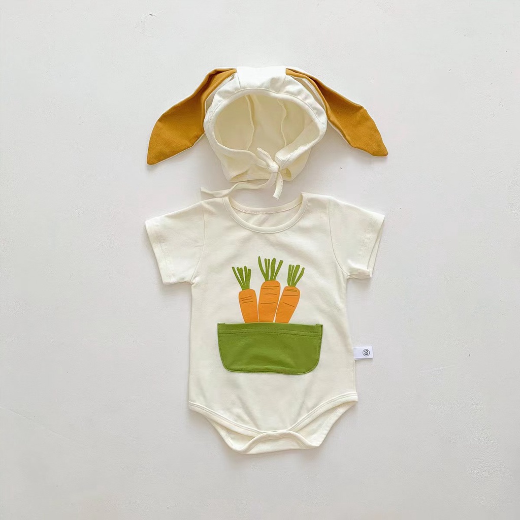 Bộ Áo Liền Quần Cotton Tay Ngắn In Hình Củ Cà Rốt + Mũ Dễ Thương Thời Trang Mùa Hè Cho Bé