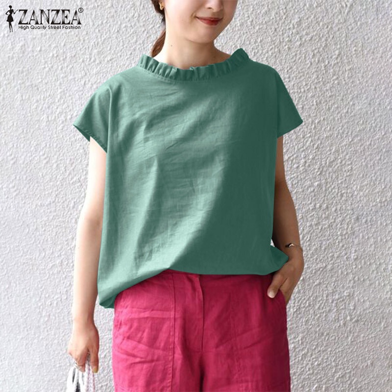 Áo ZANZEA tay ngắn màu trơn thời trang dành cho nữ