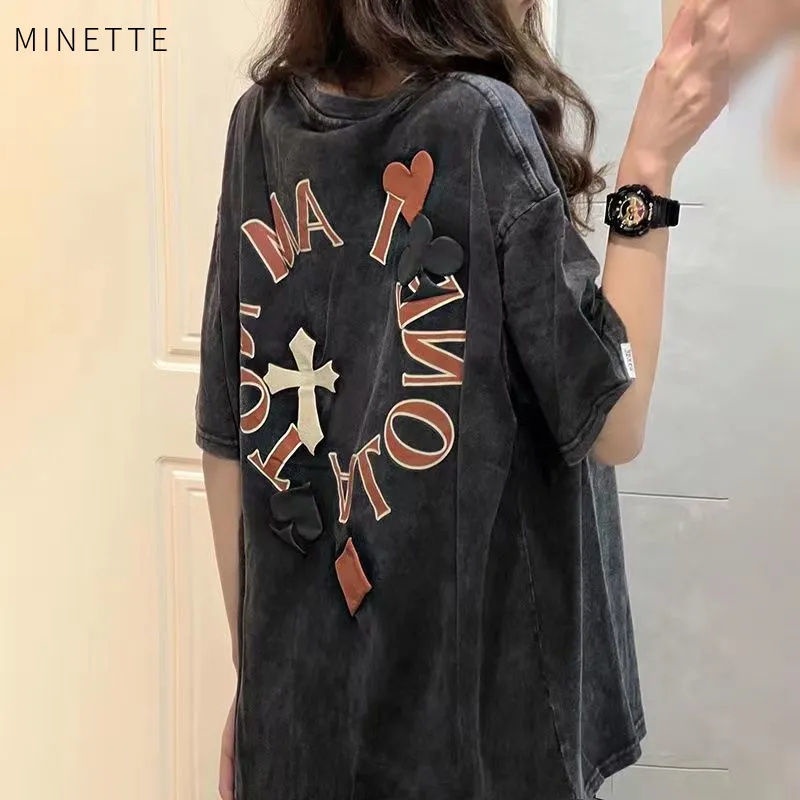 Áo Thun 100% Cotton Tay Ngắn Dáng Rộng In Hình Lá Bài Tây Giặt Được Thời Trang Retro Cho Nữ