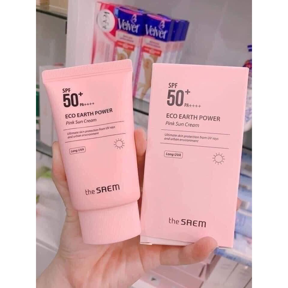 Kem Chống Nắng Giảm Dầu, Giúp Da Sáng Hồng Tự Nhiên The Saem Eco Earth Power Pink Sun Cream SPF50+ PA++++ 50g