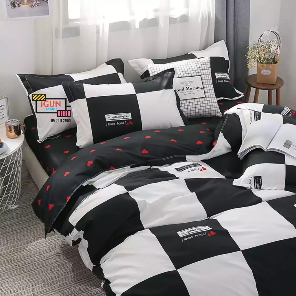 Bộ Chăn Ga Gối Cotton Poly set 4 món nhập khẩu CARO TO TRÁI TIM ĐEN