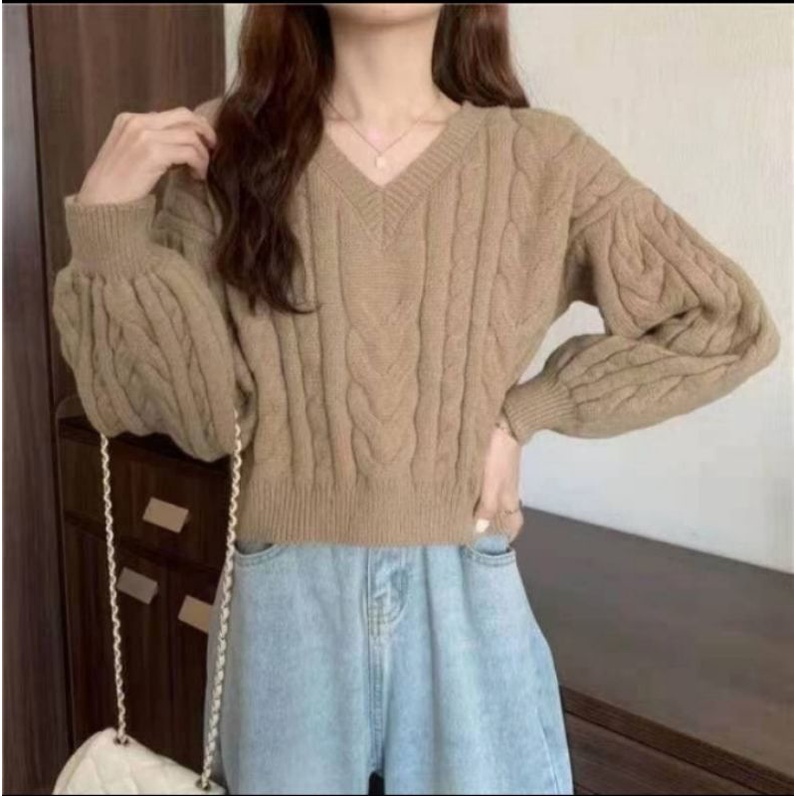 Áo len cổ tim tay bồng