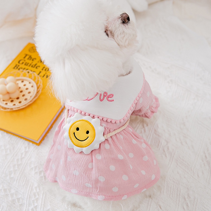 Váy cho chó hoa hoa hướng dương Hipipet chất polka dot 2 màu vàng hồng điệu đà