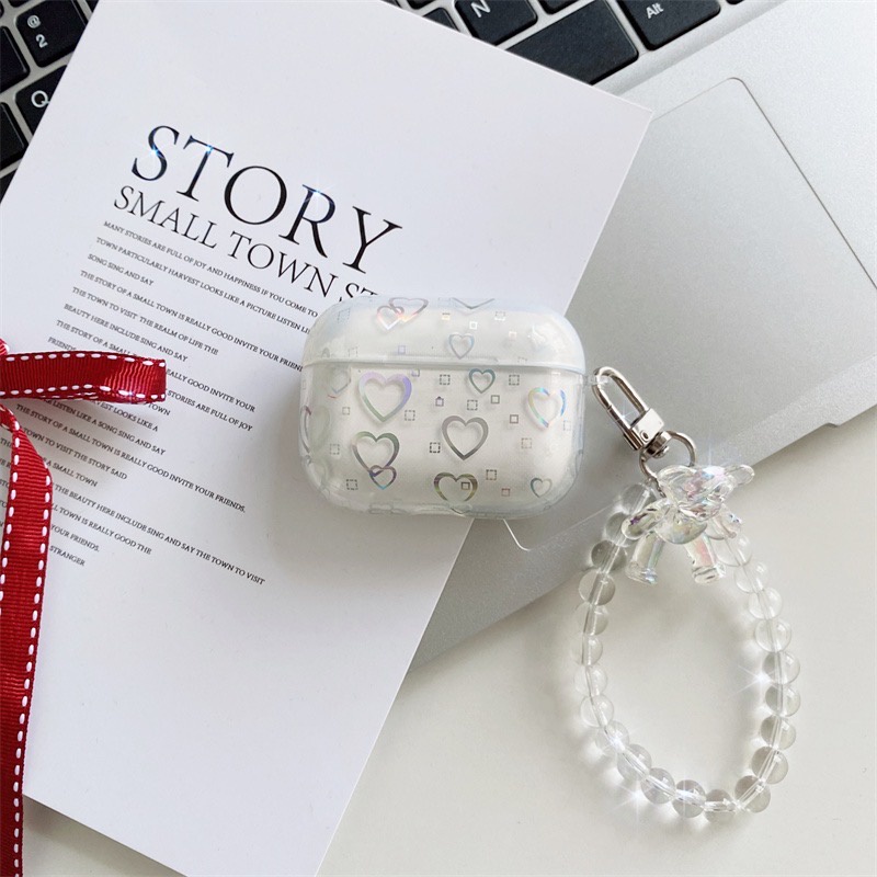 Vỏ case tim đổi màu mix móc ngọc, móc gấu sang chảnh - Ốp bảo vệ, bao đựng tai nghe airpods 1 2 3 PRO