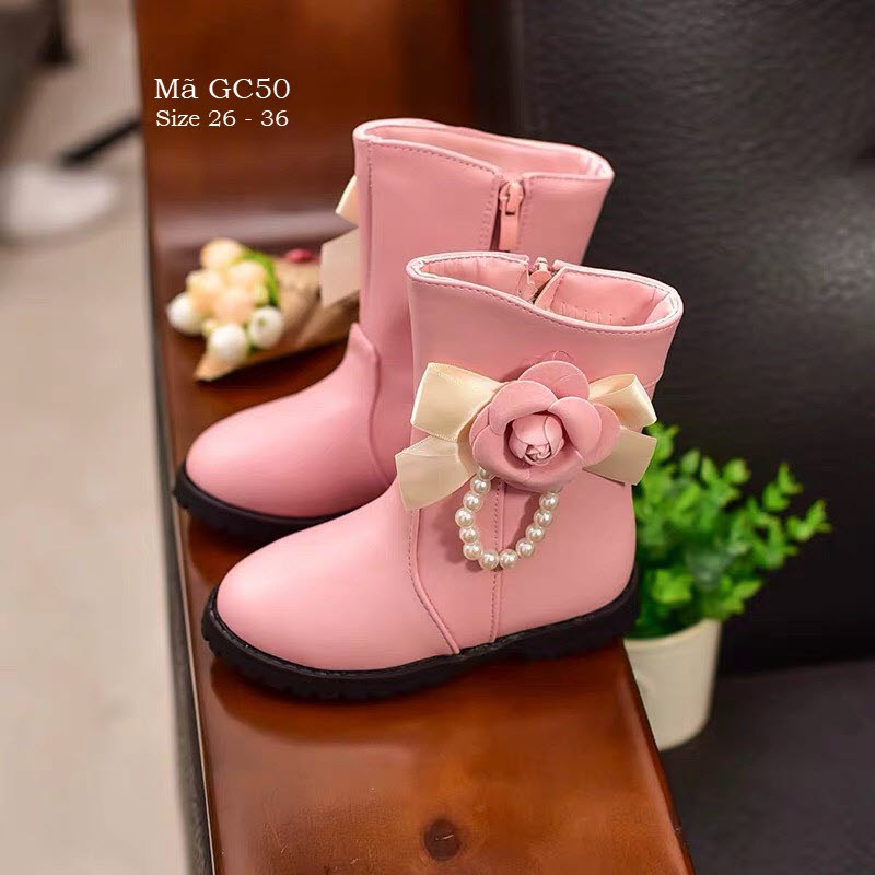 Boot da màu hồng cho bé gái 3 -12 tuổi cao cổ dáng ôm thời trang GC50