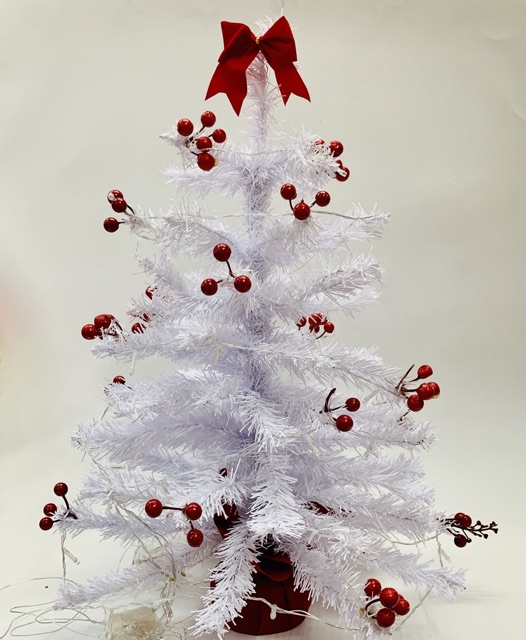 Cây thông Noel trắng cherry đỏ để bàn có đèn led Trang trí noel