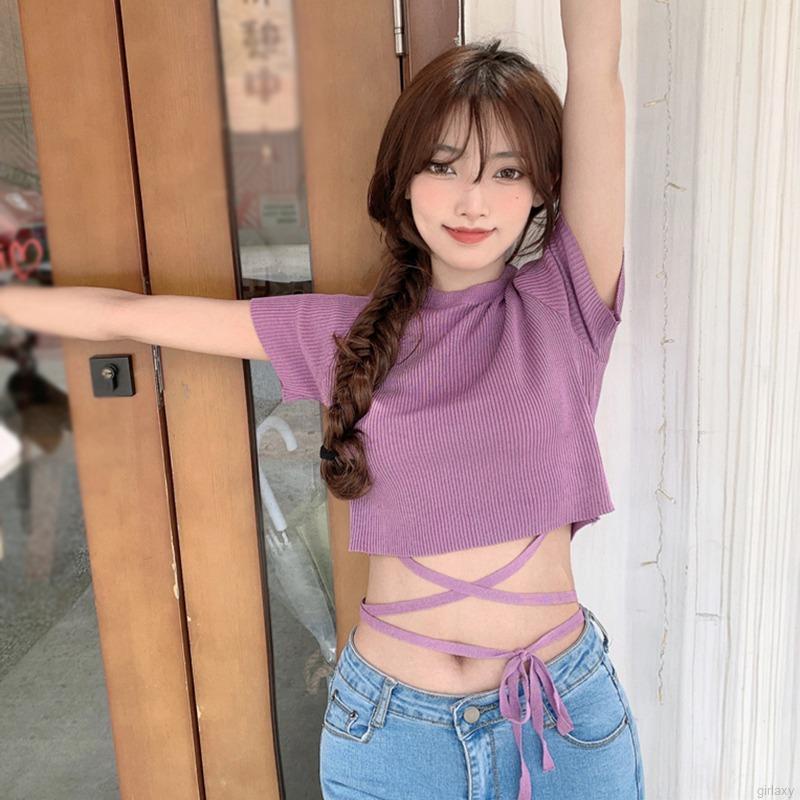 Áo Croptop Dệt Kim Tay Ngắn Cổ Tròn Màu Sắc Đơn Giản Phong Cách Hàn Quốc