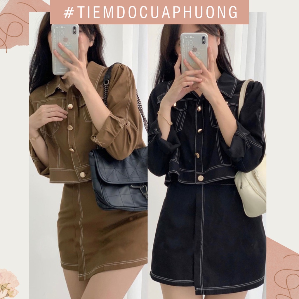 Set áo kaki cổ sơ mi kèm váy chữ A vạt lệch phong cách Hàn Quốc