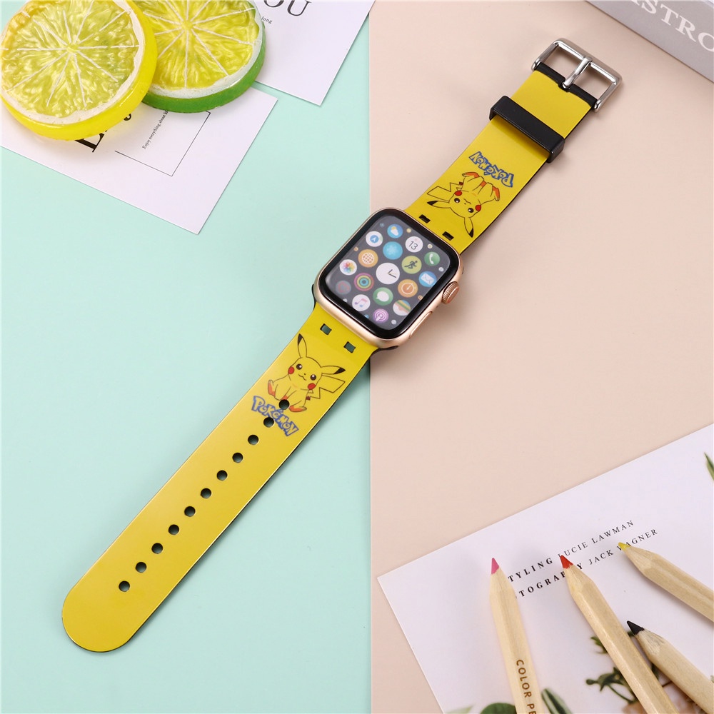 Dây Đeo Đồng Hồ Họa Tiết Hoạt Hình Pikachu Cho iWatch Series 8 7 SE 6 5 4 3 2 1 Correa Thay Thế 38 40 41 42 44 45mm