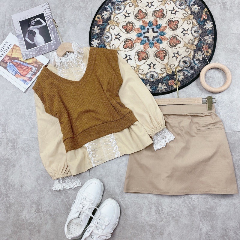 Set 3 món Áo gile mix chân váy