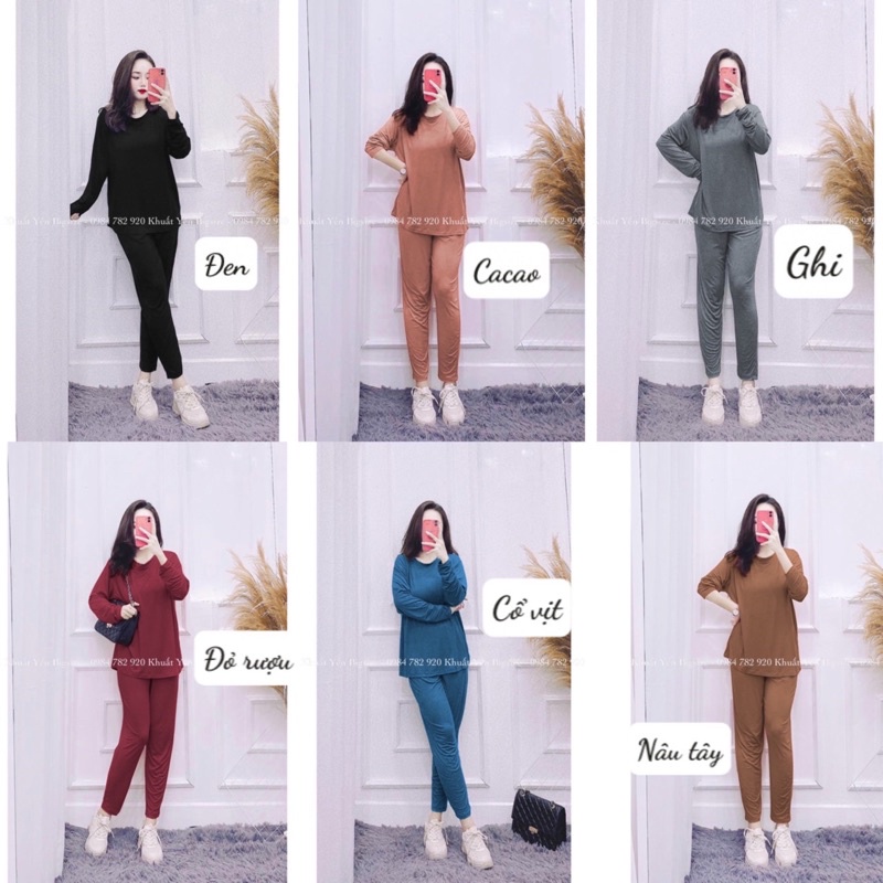 Set bộ nữ thun lạnh ủ kem tay dài form rộng co giãn ❤Khuất Yến Bigsize❤chất thun lạnh mềm mát mặc nhà bầu bí bon chen