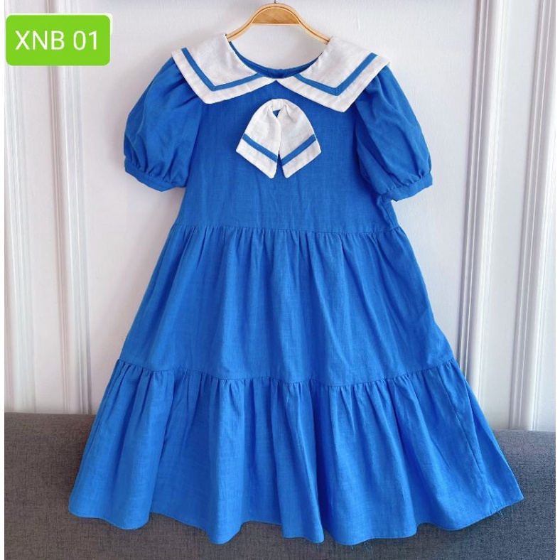 Váy đầm bé gái 1-10 tuổi Sofia Candy đi học sơ mi thủy thủ, màu xanh hồng cotton thô lụa váy nhiều tầng rộng bồng bềnh