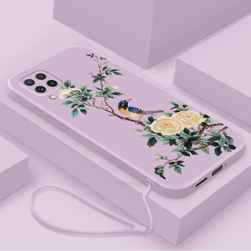 Ốp Điện Thoại TPU Mềm Họa Tiết Hoa Và Chim Có Dây Đeo Cho Samsung A12 A22