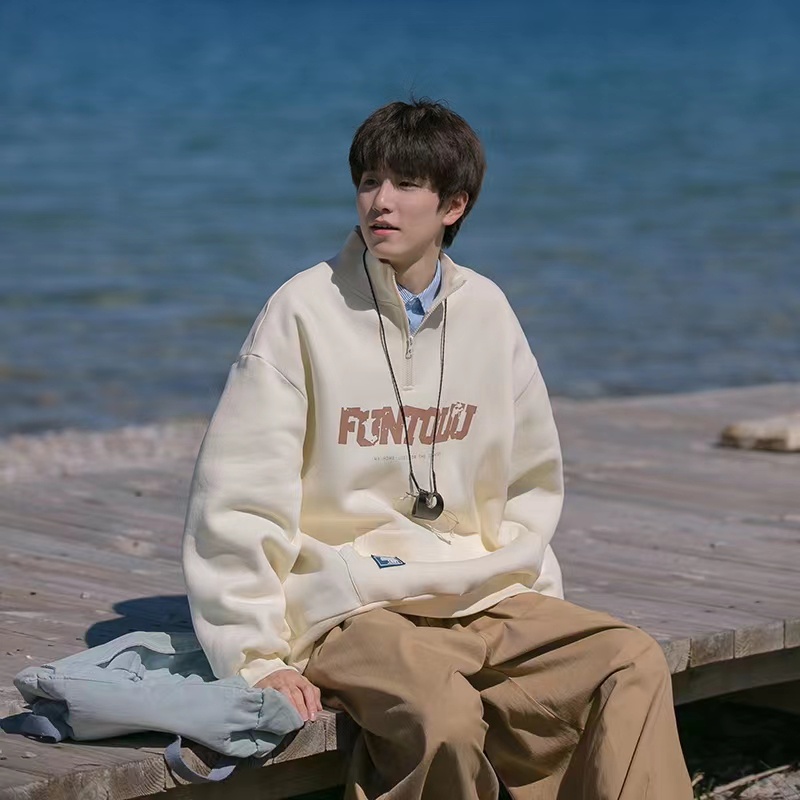 Áo Khoác Sweater Chui Đầu Tay Dài Cổ Đứng Có Khóa Kéo Nửa Màu Đen Nâu Mơ Thời Trang Hàn Quốc Cho Nam Cỡ M-3XL