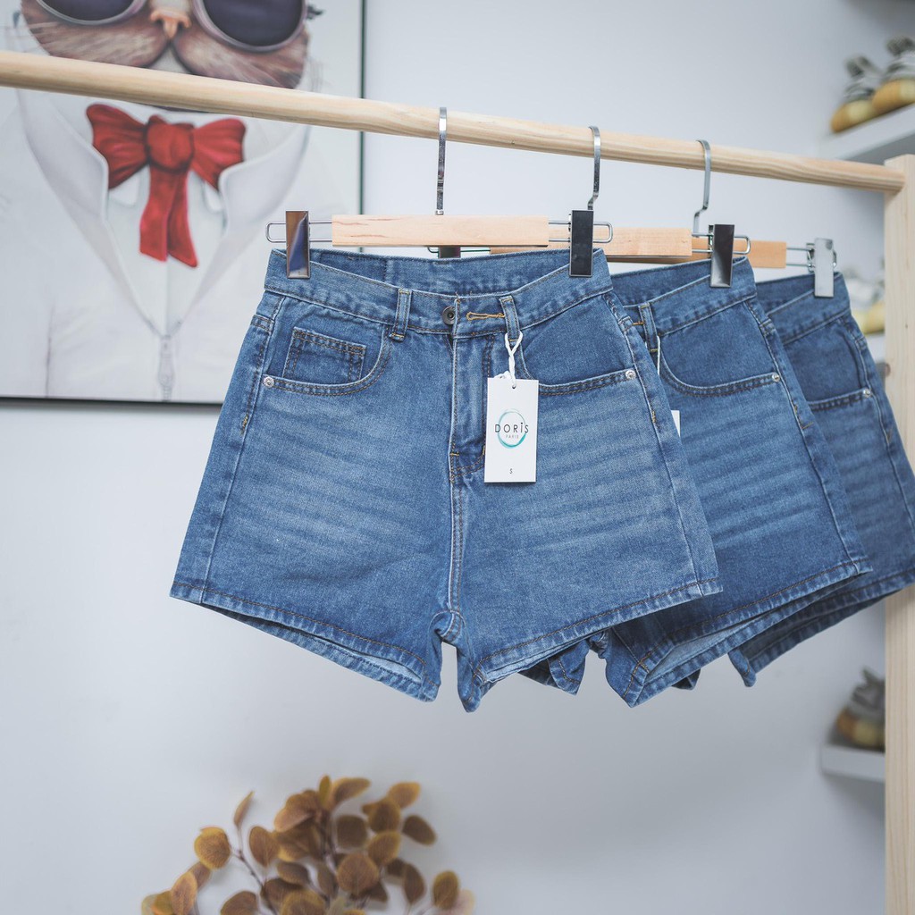 Quần Short Jeans Nữ Lưng Cao Ống Rộng Trơn Lai Cuốn ULZZANG