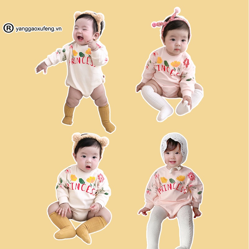 Bộ Áo Liền Quần Dài Tay In Hoa Cho Bé Gái Sơ Sinh