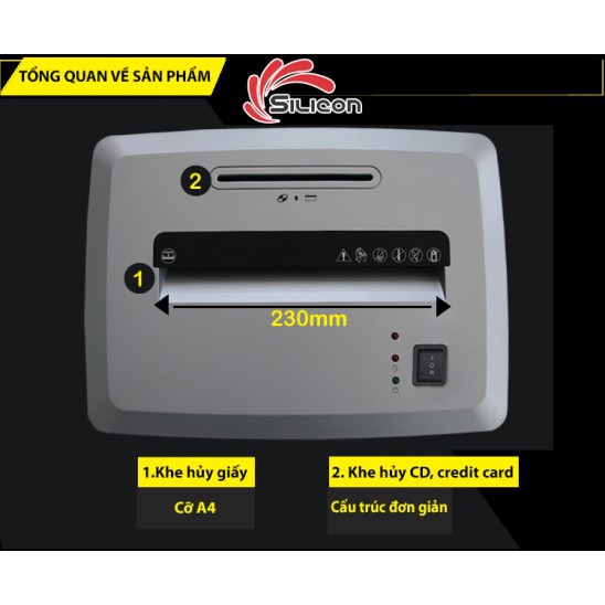 Máy hủy tài liệu mini cắt giấy tự động Silicon PS-610C,10 tờ/lần,hủy vụn 4x50mm, thùng giấy 21 Lít, Huỷ đĩa CD / DVD