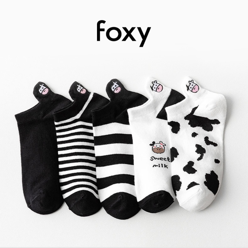 Tất Nữ Dễ Thương Hàn Quốc Foxy Cổ Ngắn Hoạ Tiết Bò Sữa Xinh Xắn - FOS005