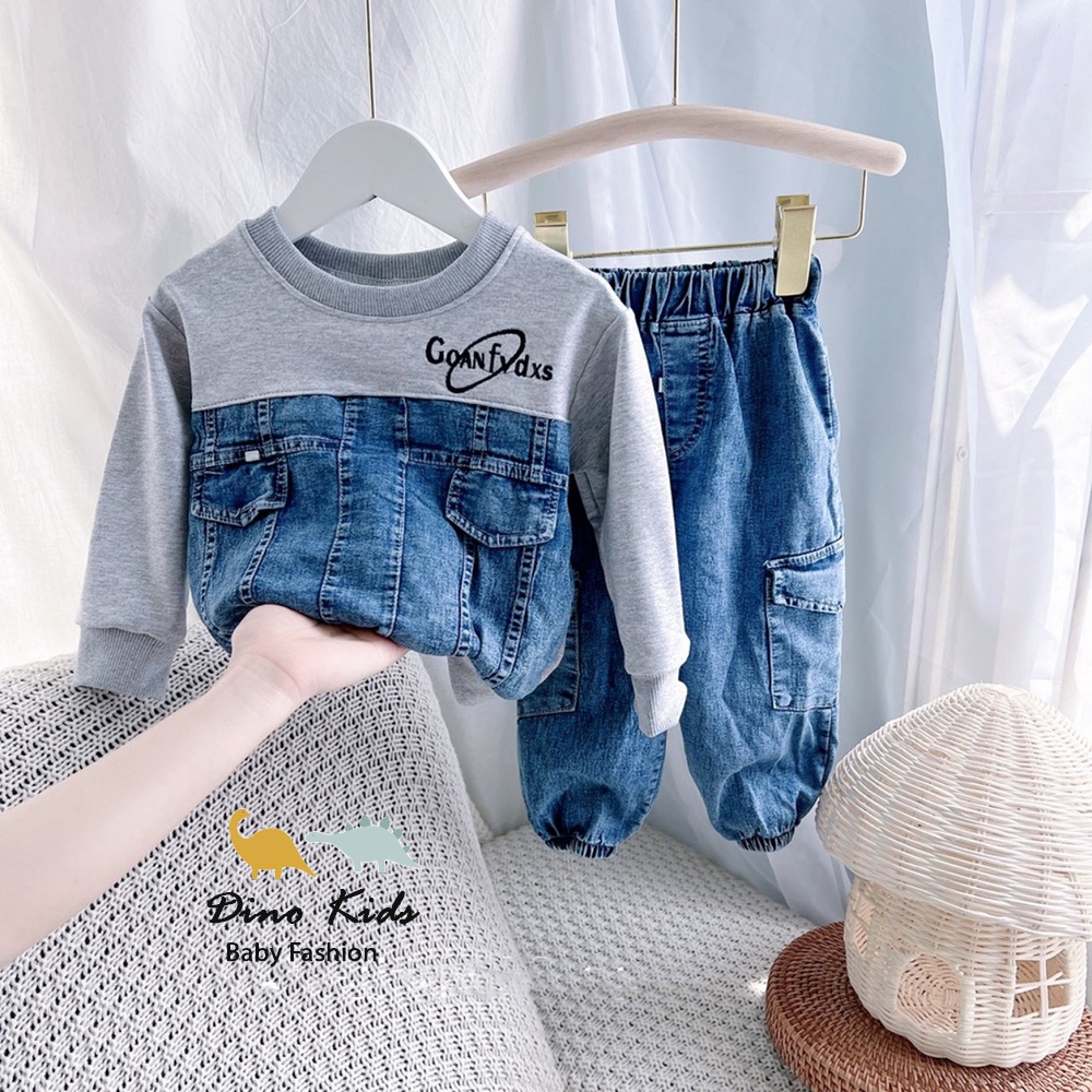 Bộ quần áo thu đông bé trai, bộ jean thu đông dài tay phần trên phối nỉ da cá thêu chữ GOAN FVDXS cho bé