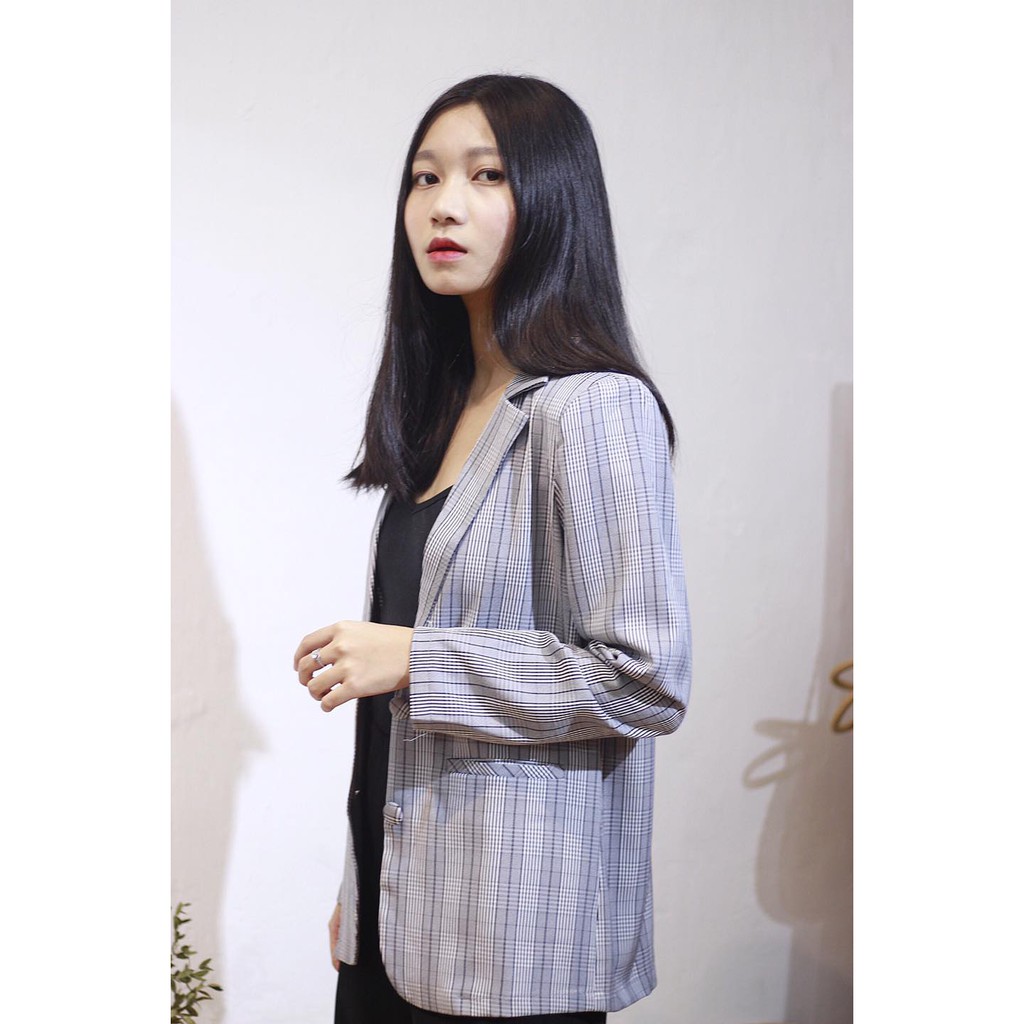 Áo vest blazer nữ KHÀN màu caro xám kẻ trắng áo khoác công sở tay dài 1 lớp phong cách Hàn Quốc