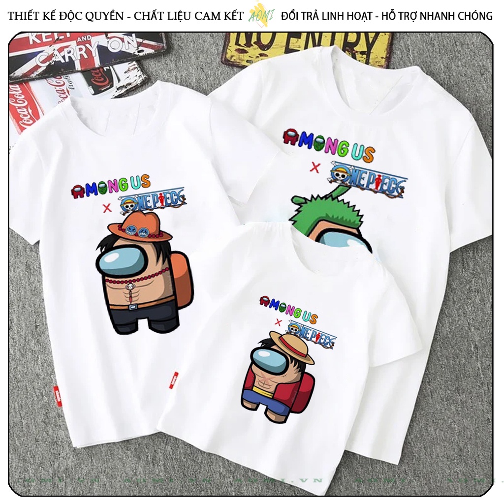 ÁO THUN  Among Us x One Piece UNISEX PHÔNG TRẮNG TAY NGẮN NAM NỮ GIA ĐÌNH CẶP ĐÔI SIZE TRẺ EM BÉ TRAI GÁI AOMIVN