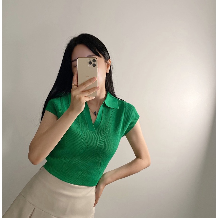 SUXI Áo POLO Dệt Kim Tay Ngắn Màu Sắc Đơn Giản Dễ Phối Đồ Phong Cách Hàn Quốc