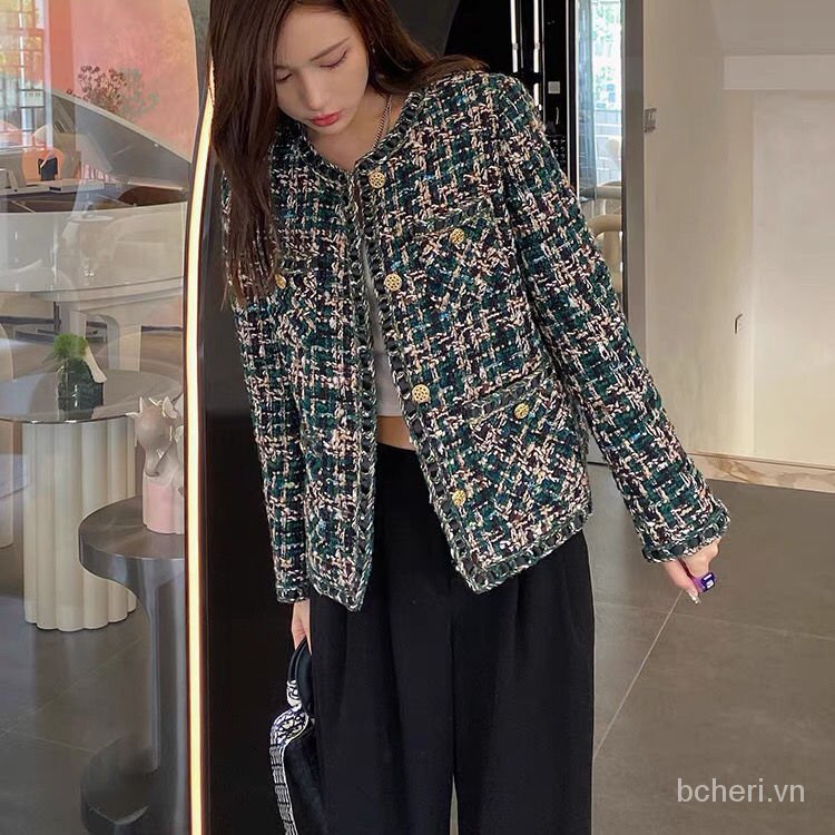 áo khoác dạ tweed nữ thu đông 2021 Năm Retro dáng ngắn xanh | BigBuy360 - bigbuy360.vn