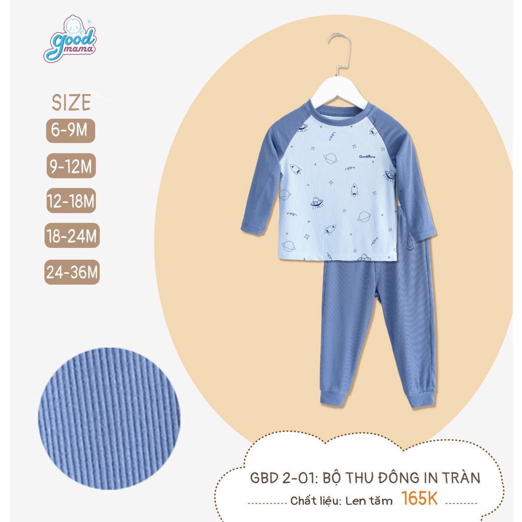 [CHÍNH HÃNG] Bộ dài tay raglan thu đông len tăm bo gấu in tràn họa tiết trẻ em Good Mama