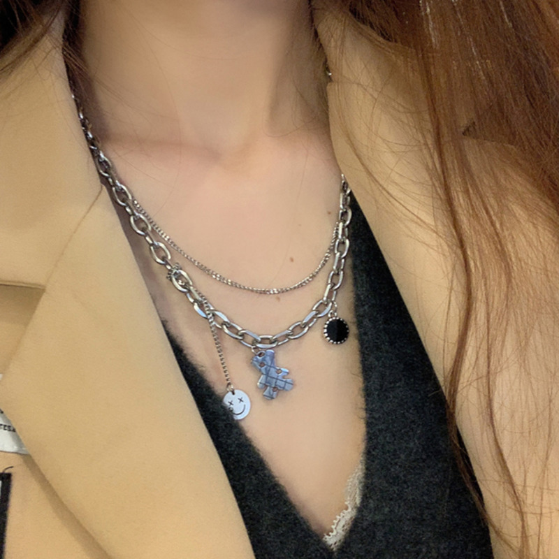 Dây chuyền hai lớp gấu mặt cười dễ thương phong cách hip hop đơn giản dễ phối