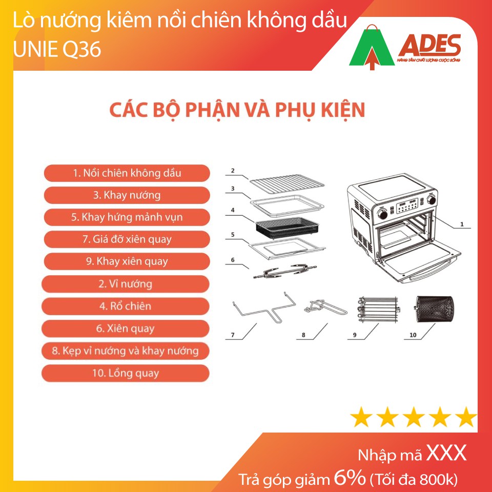 [Mã 154ELSALE2 giảm 7% đơn 300K] UNIE Q36 - Lò nướng kiêm nồi chiên không dầu - Chính hãng - Bảo hành 12 tháng